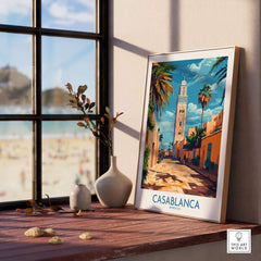 Casablanca Travel Poster showcasing a vibrant Moroccan scene, with palm trees and a historic tower near a sunny beach.