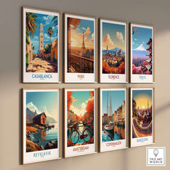 Casablanca Travel Poster and other vibrant city travel posters on display in a stylish gallery wall arrangement.