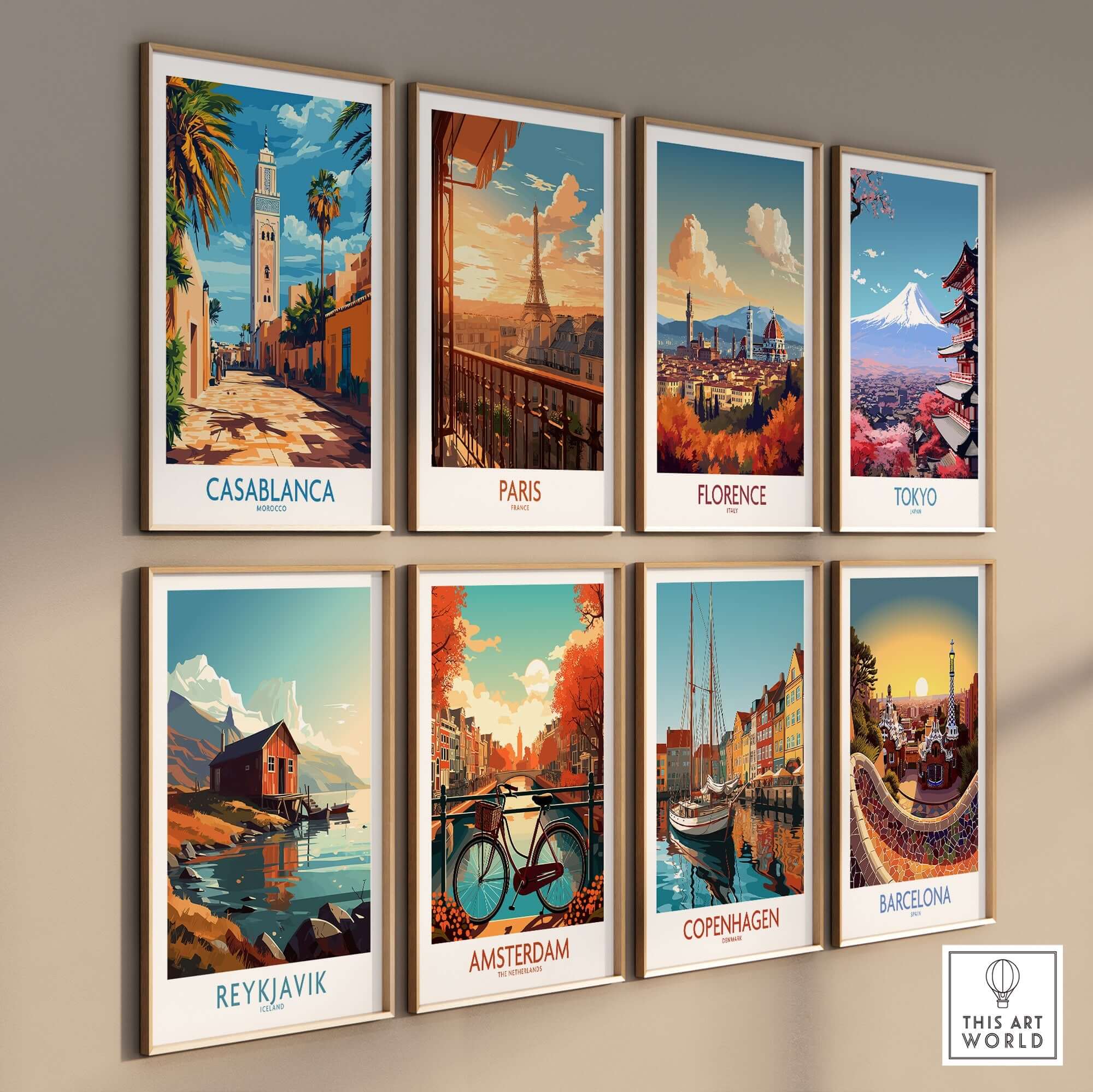Casablanca Travel Poster and other vibrant city travel posters on display in a stylish gallery wall arrangement.