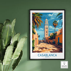 Casablanca Travel Poster showcasing vibrant streets of Morocco with palm trees and buildings.