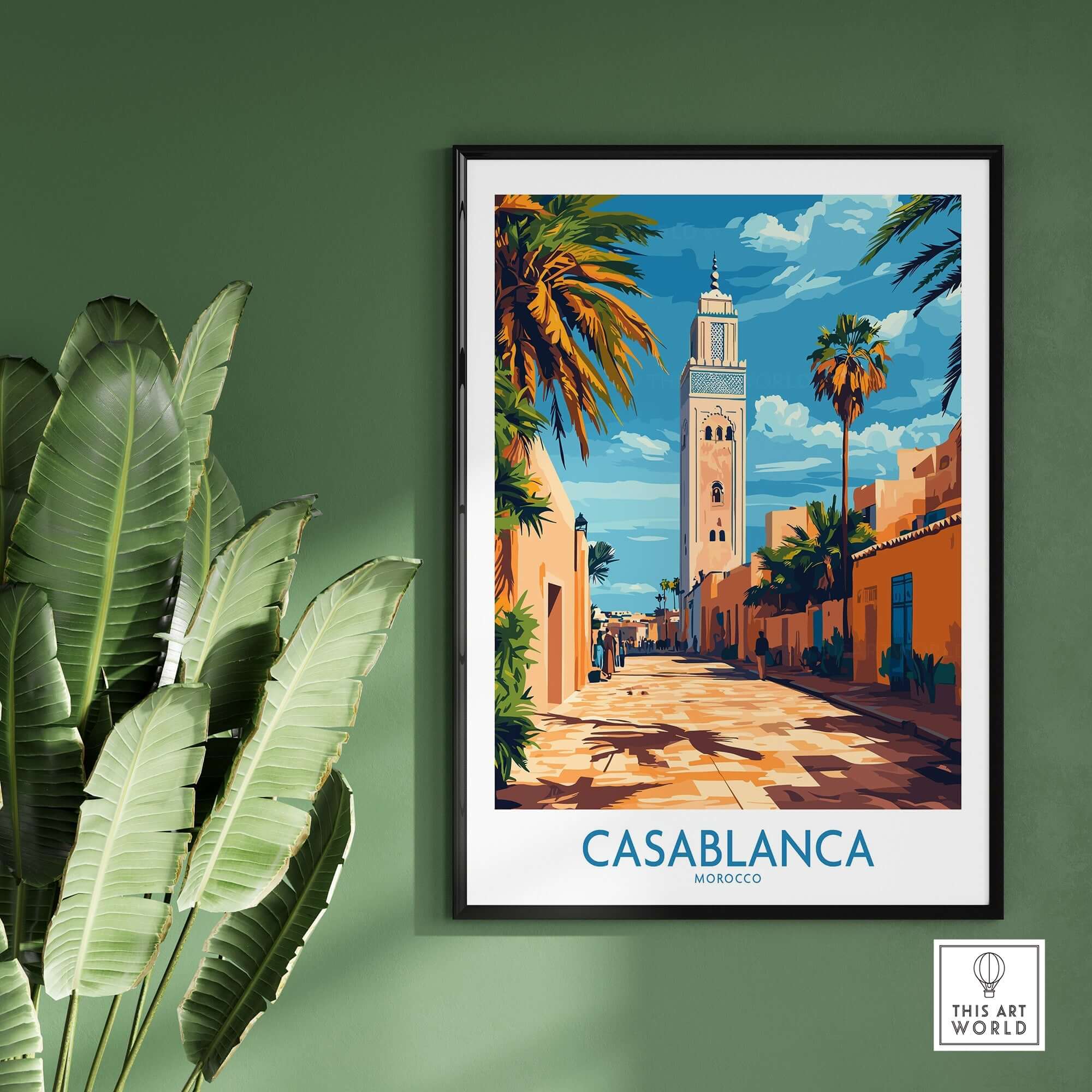 Casablanca Travel Poster showcasing vibrant streets of Morocco with palm trees and buildings.