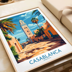 Casablanca Travel Poster showcasing a vibrant street scene in Morocco with palm trees and historical architecture.