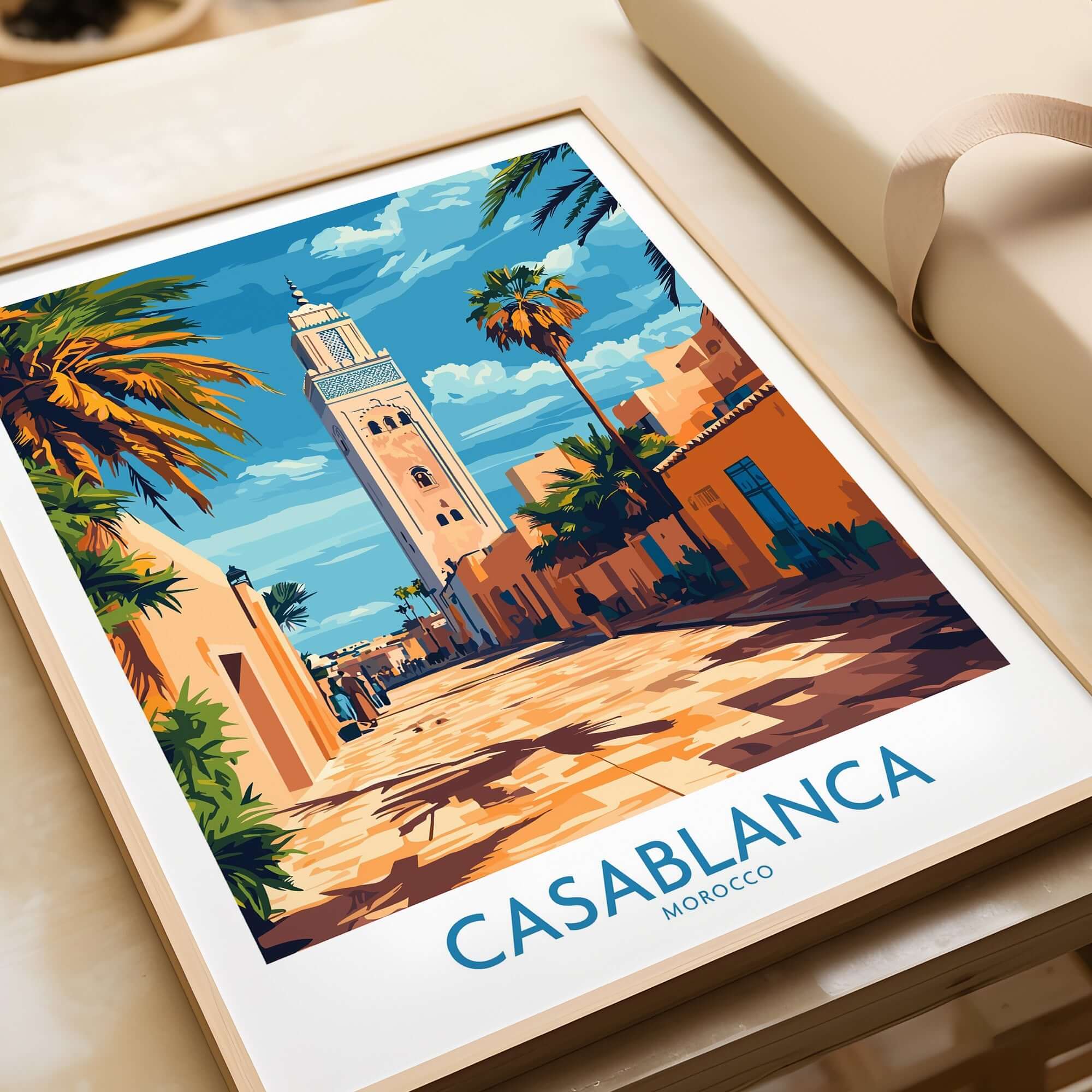 Casablanca Travel Poster showcasing a vibrant street scene in Morocco with palm trees and historical architecture.