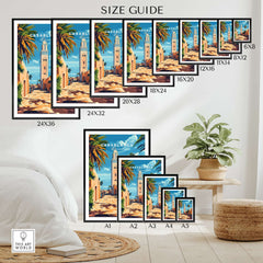Size guide showcasing various sizes for the Casablanca Travel Print decor.