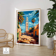 Casablanca Travel Print showcasing vibrant street scene with palm trees and architecture in Morocco.