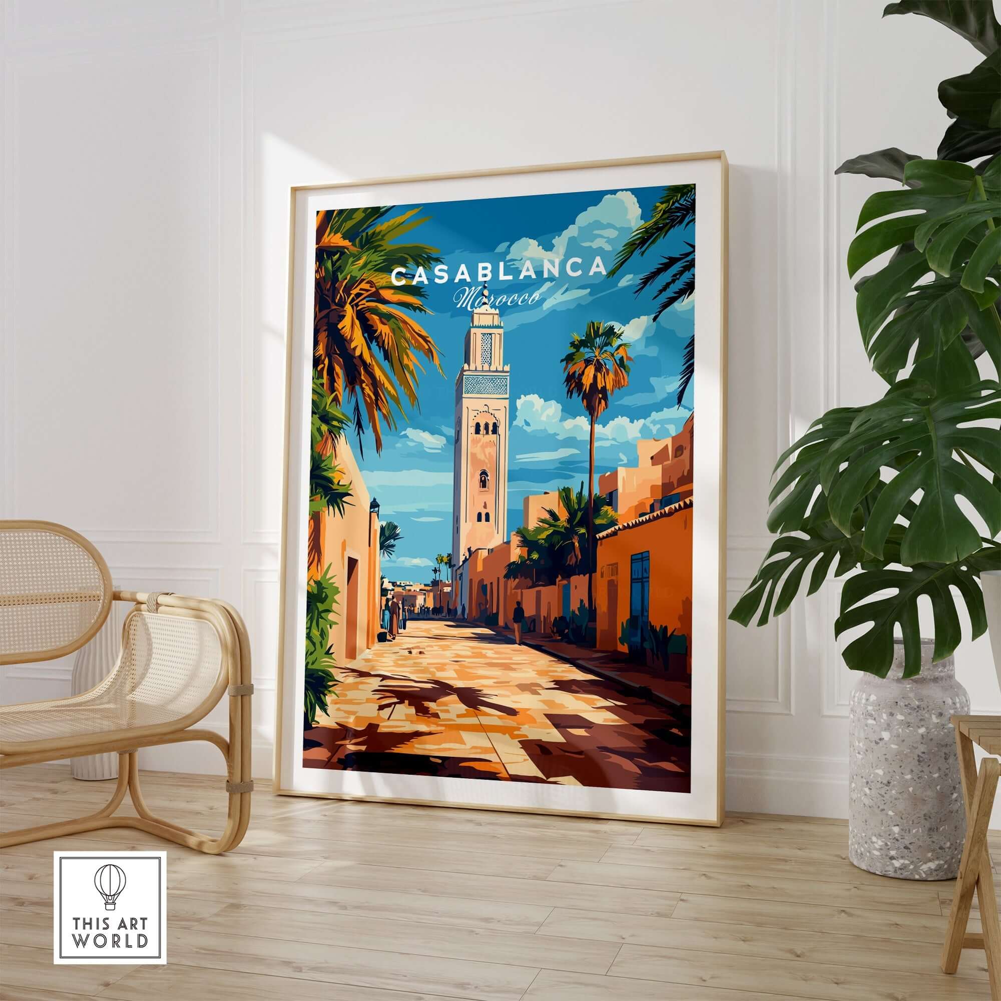 Casablanca Travel Print showcasing vibrant street scene with palm trees and architecture in Morocco.
