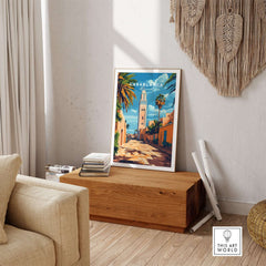 Casablanca Travel Print displayed in a stylish living room setting, showcasing vibrant colors and intricate details of Morocco.