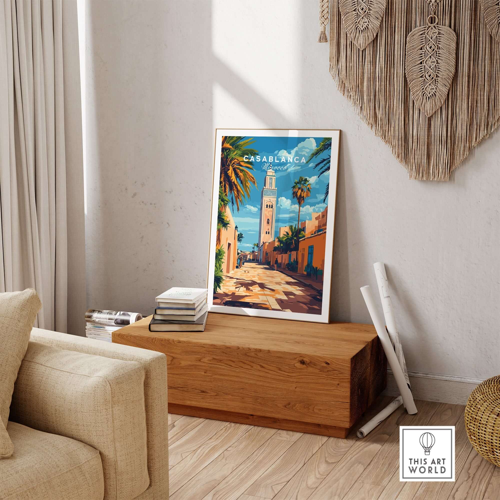 Casablanca Travel Print displayed in a stylish living room setting, showcasing vibrant colors and intricate details of Morocco.