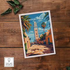 Casablanca Travel Print showcasing vibrant street scene in Morocco with palm trees and blue sky.