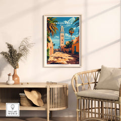 Casablanca Travel Print showcasing vibrant streets and architecture of Casablanca, Morocco, in a stylish home decor setting.
