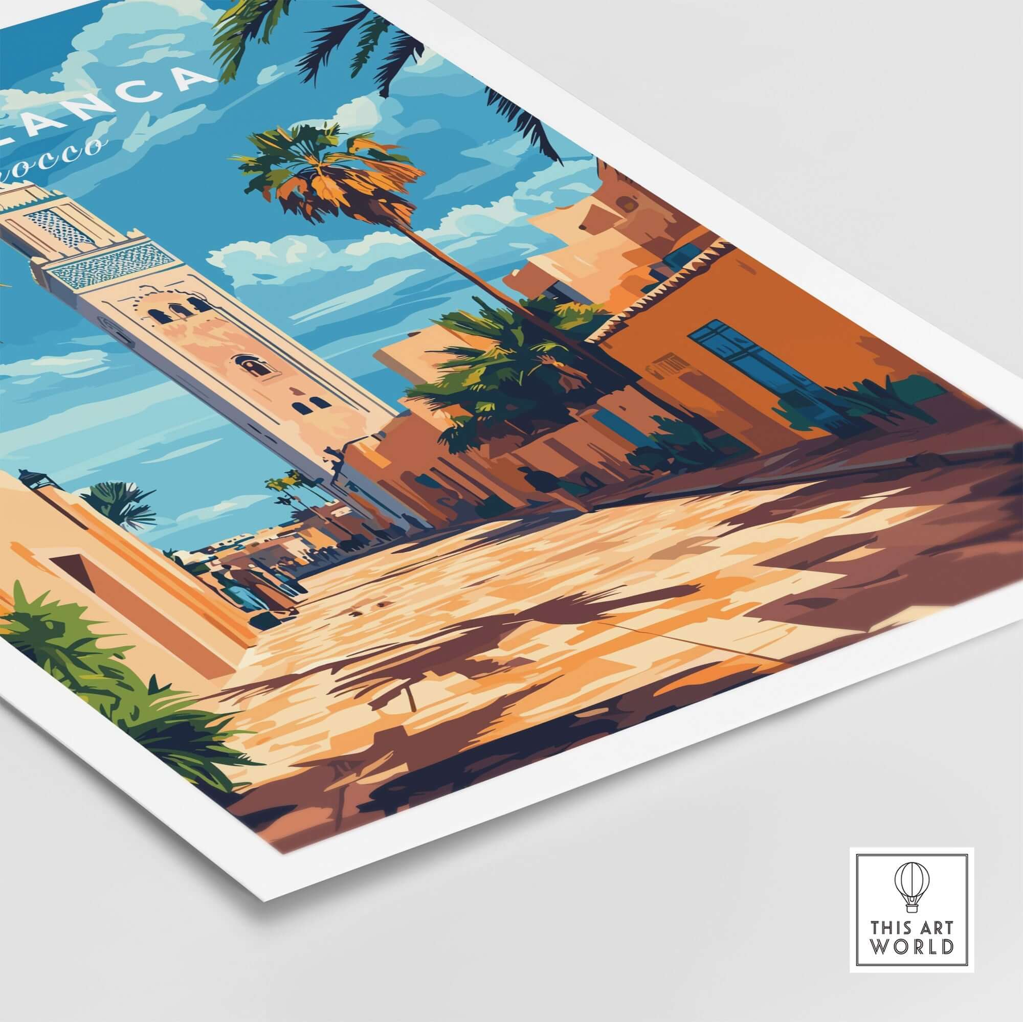 Casablanca Travel Print showcasing a vibrant Marrakech street scene in Morocco with palm trees and architectural details.
