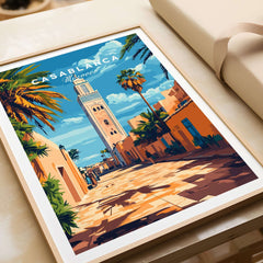 Casablanca Travel Print showcasing a vibrant scene of Morocco with palm trees and architecture.
