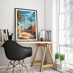 Casablanca Travel Print featuring vibrant colors and intricate details in a stylish home office setting.