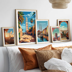 Casablanca Travel Print displayed among other travel posters above a stylish bed, adding vibrant decor.