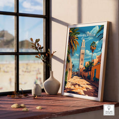 Casablanca Travel Print showcasing vibrant culture with intricate details, displayed in a sunny indoor setting.