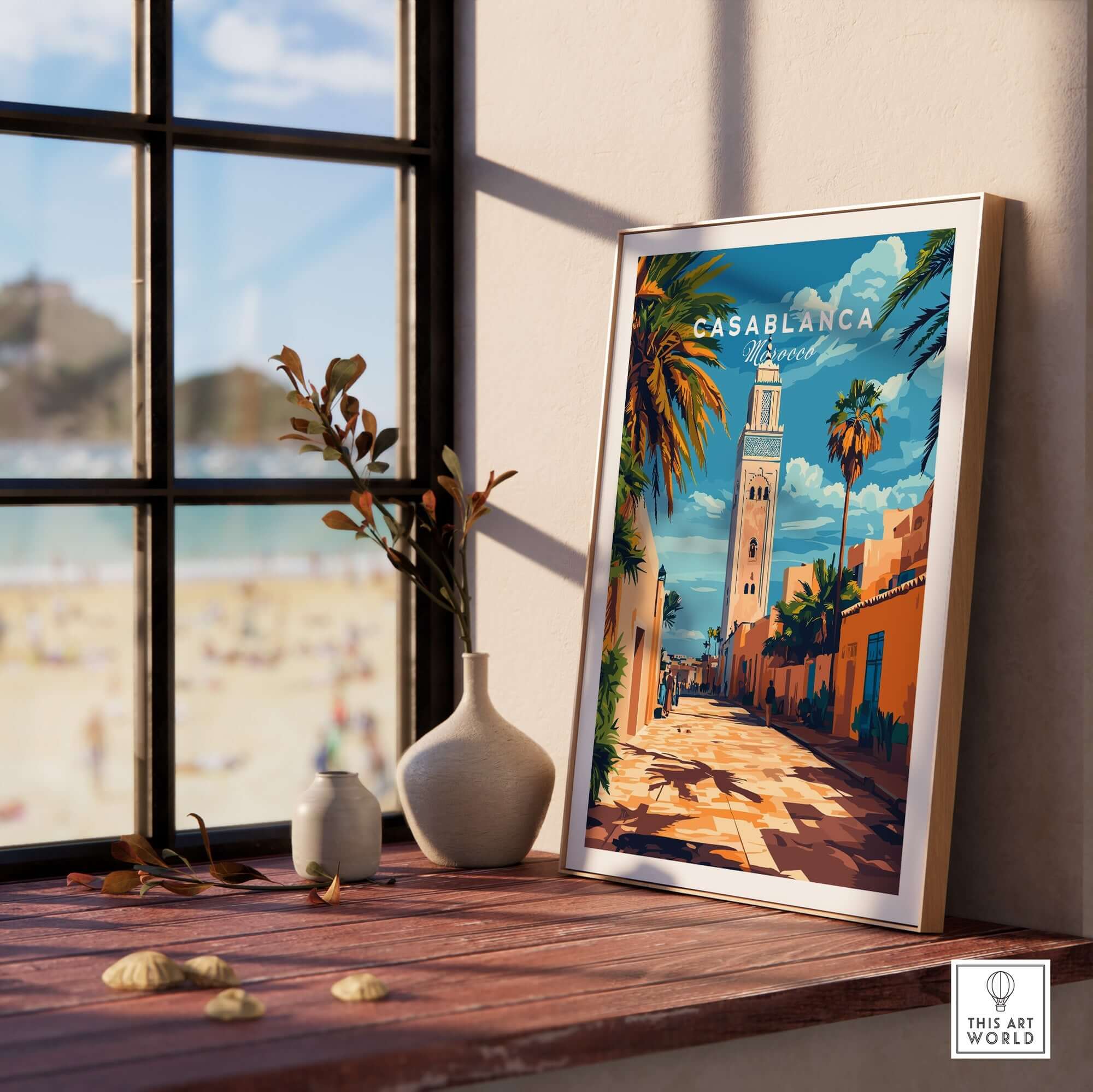 Casablanca Travel Print showcasing vibrant culture with intricate details, displayed in a sunny indoor setting.