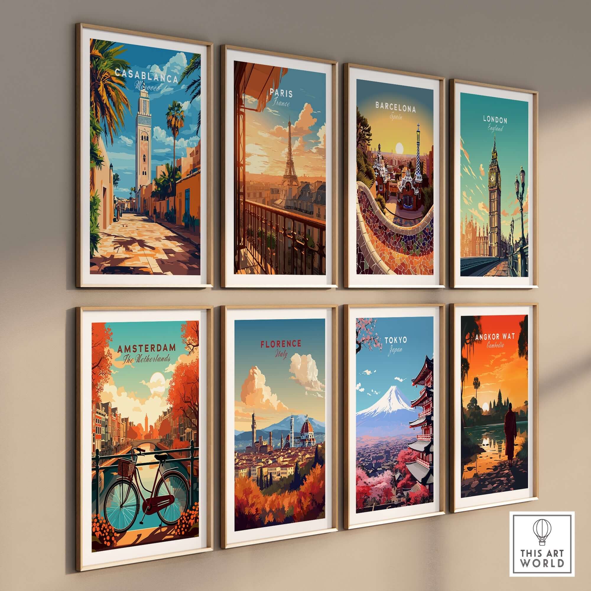 Casablanca Travel Print and other city posters displayed on a wall, showcasing vibrant travel art.