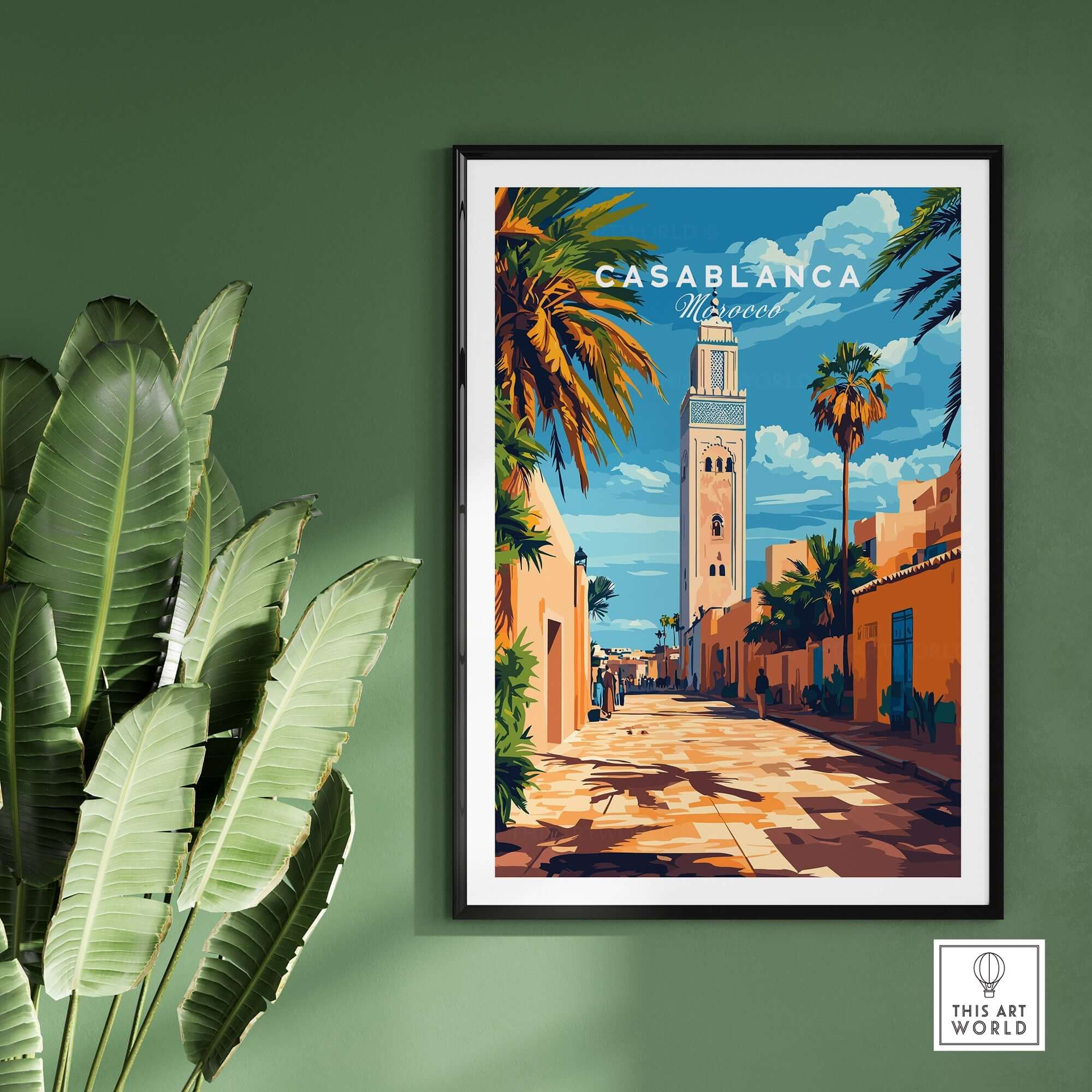 Casablanca Travel Print showcasing vibrant streets and architecture of Morocco with palm trees and warm colors.