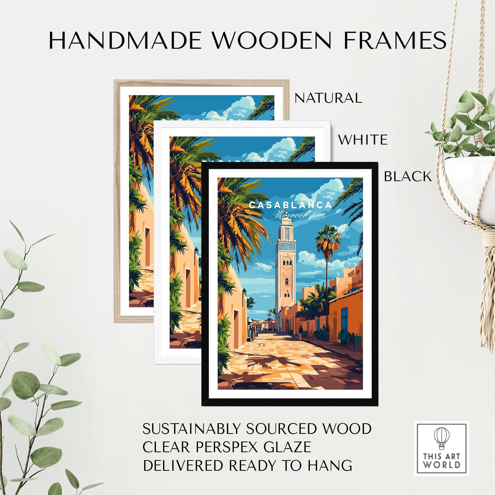 Handmade wooden frames showcasing the Casablanca Travel Print in natural, white, and black. Perfect for home decor.