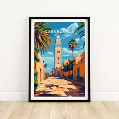 Casablanca Travel Print showcasing vibrant streets of Casablanca, Morocco with palm trees and colorful architecture.