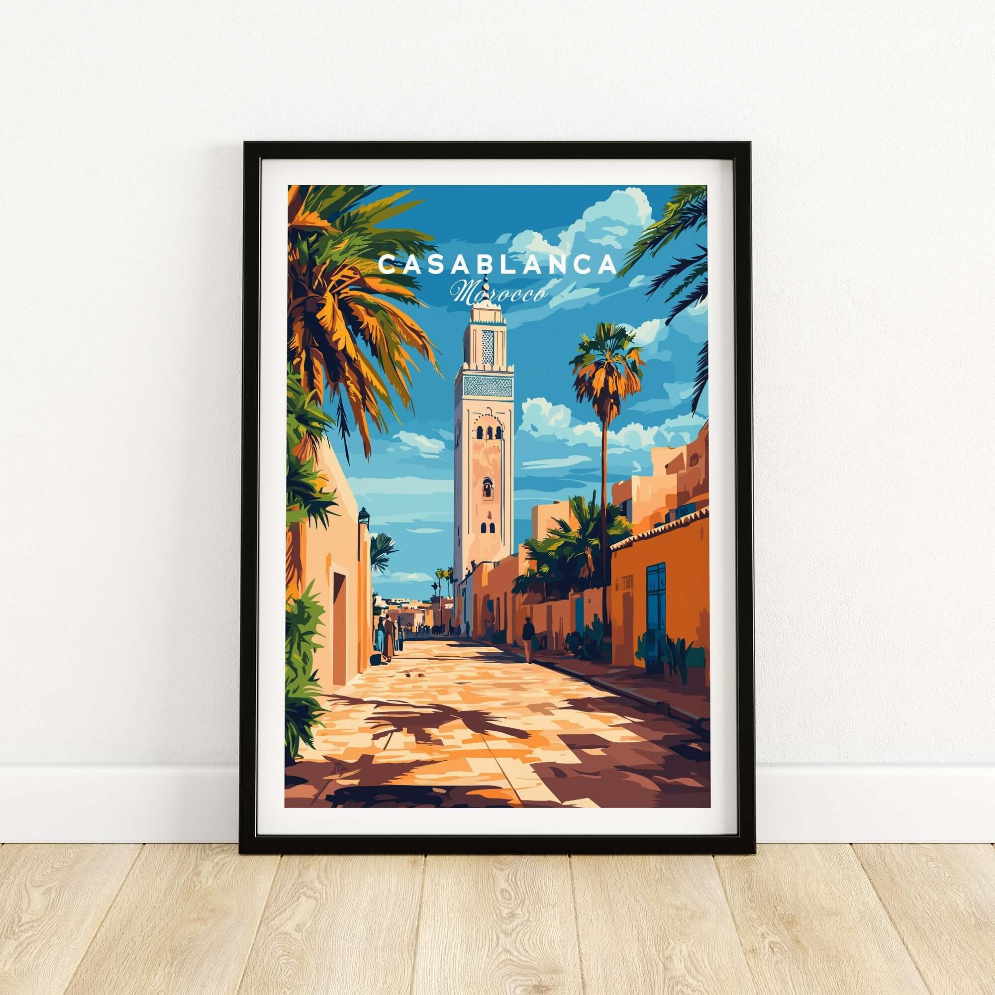 Casablanca Travel Print showcasing vibrant streets of Casablanca, Morocco with palm trees and colorful architecture.