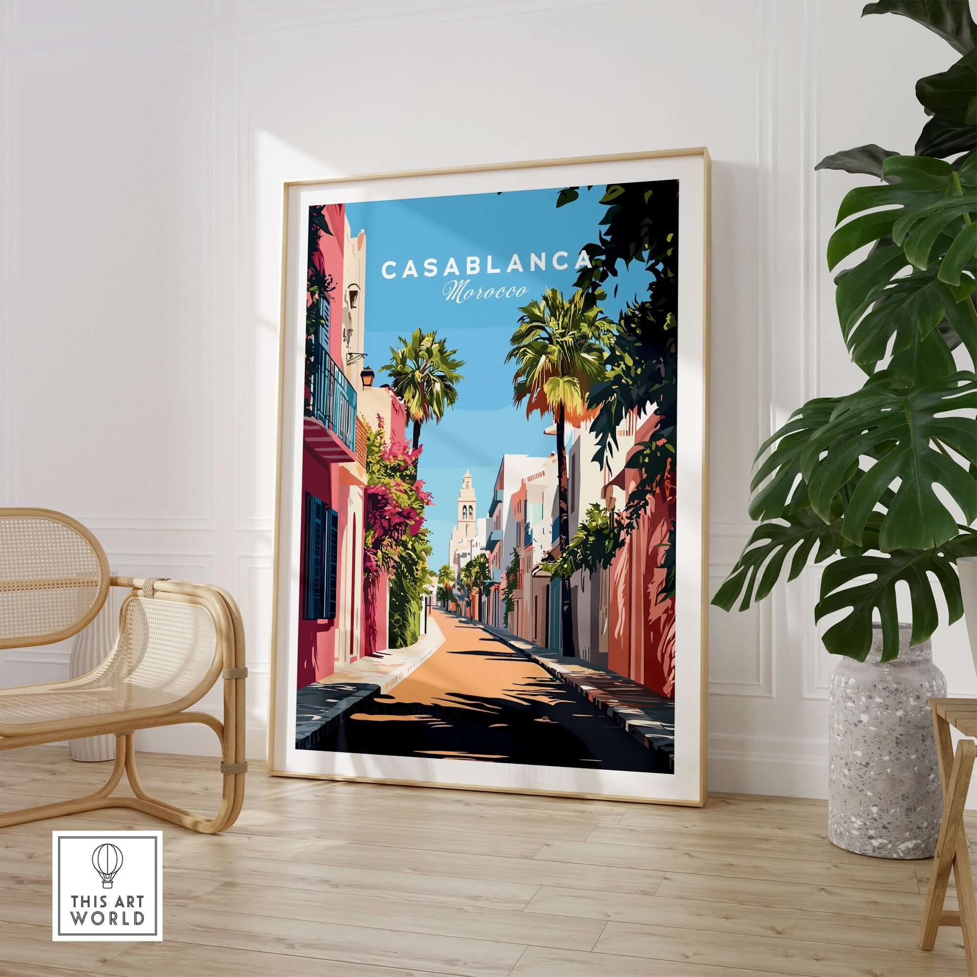 Casablanca Wall Art Print framed in a bright room with palm trees and a colorful street scene.
