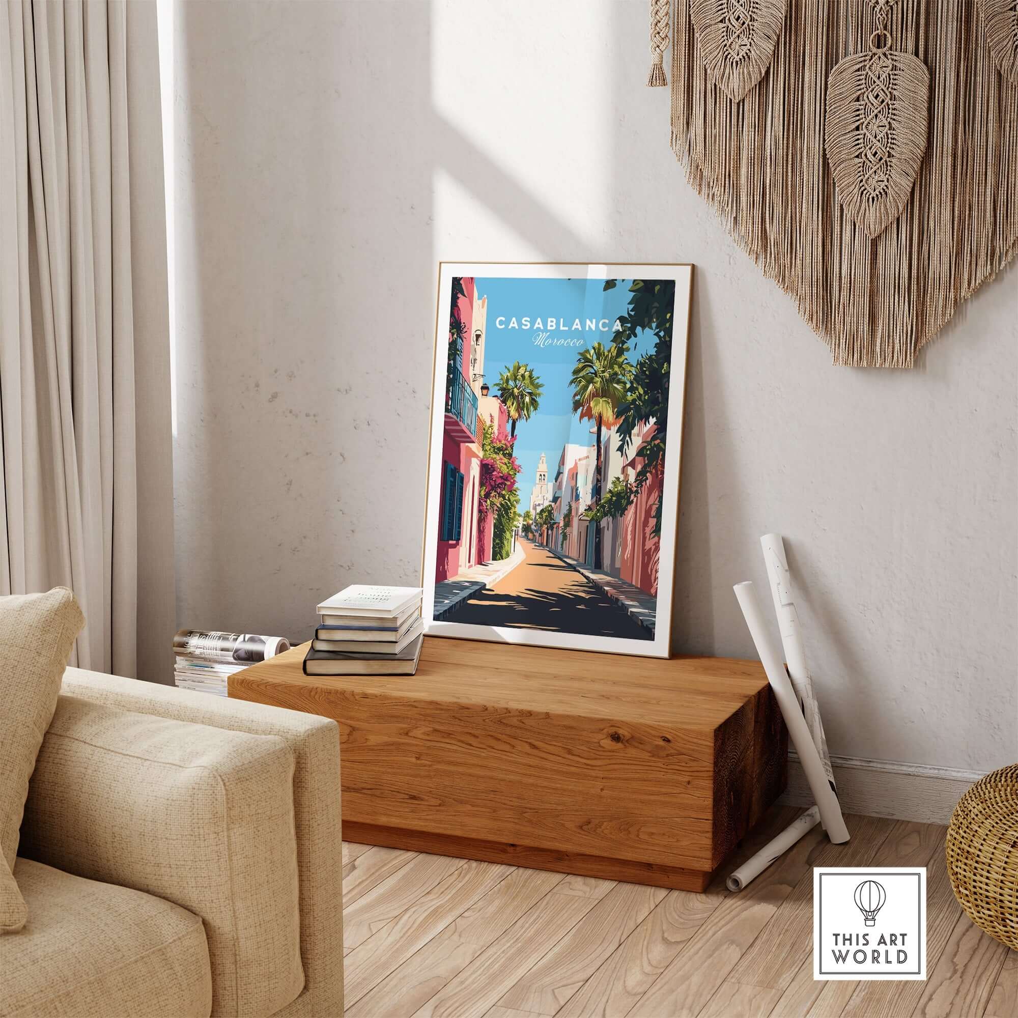 Casablanca Wall Art Print showcasing vibrant street scene with palm trees, adding exotic charm to home decor.