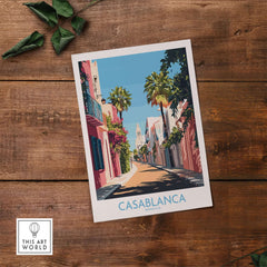 Casablanca Wall Art Print showcasing vibrant street scene in Morocco with lush palm trees and colorful buildings.