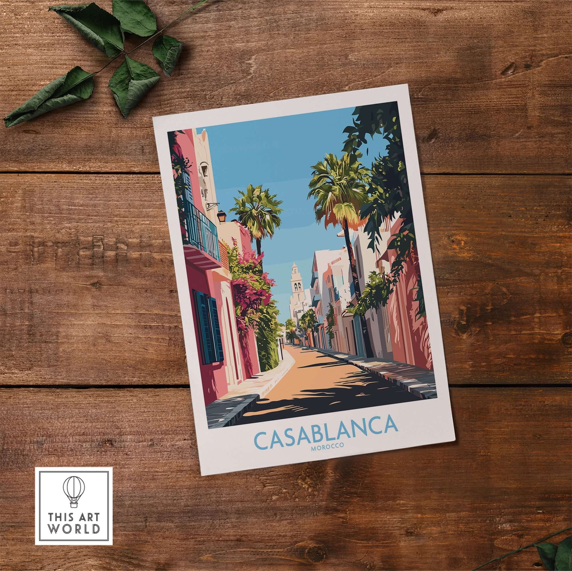 Casablanca Wall Art Print showcasing vibrant street scene in Morocco with lush palm trees and colorful buildings.