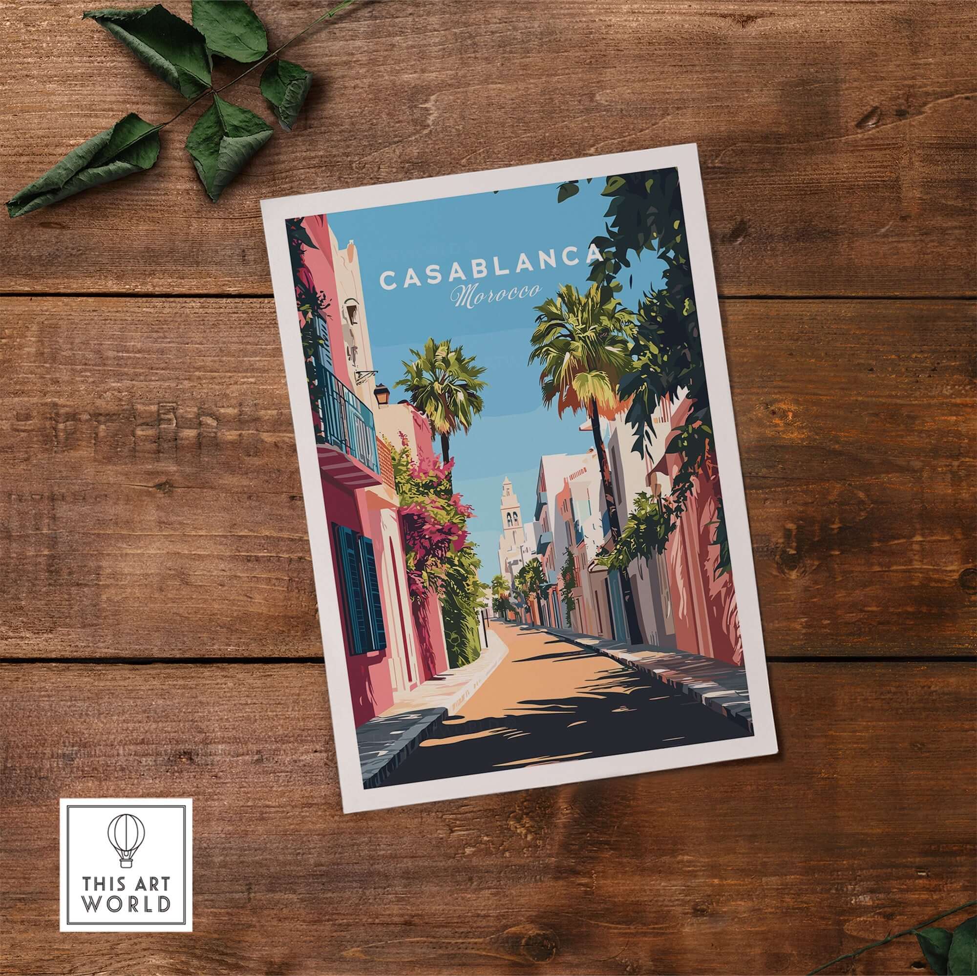 Casablanca Wall Art Print showcasing a vibrant Moroccan street with lush palms and colorful buildings.