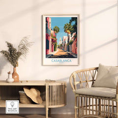 Casablanca Wall Art Print featuring vibrant street scene and palm trees in a stylish living room setting.