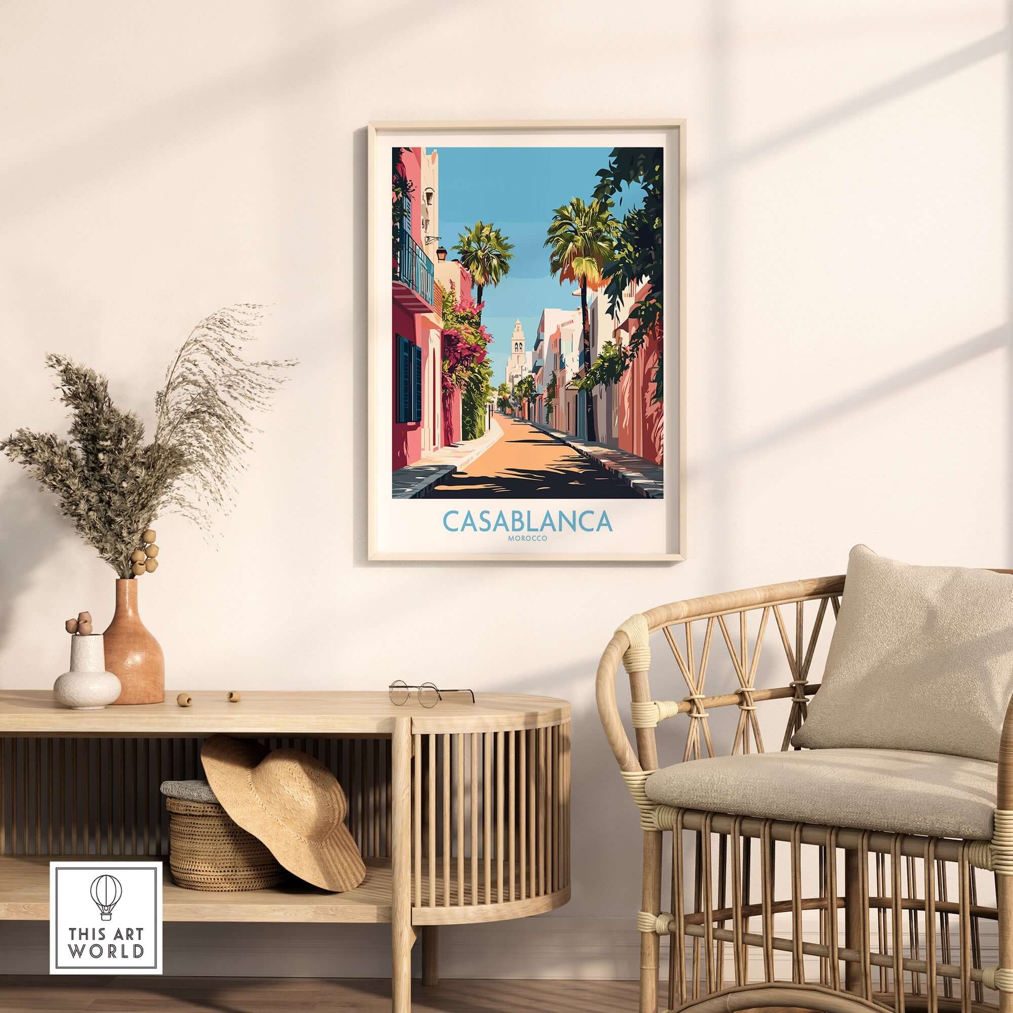 Casablanca Wall Art Print featuring vibrant street scene and palm trees in a stylish living room setting.