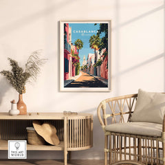 Casablanca Wall Art Print showcasing vibrant streets and exotic charm in a stylish interior setting.
