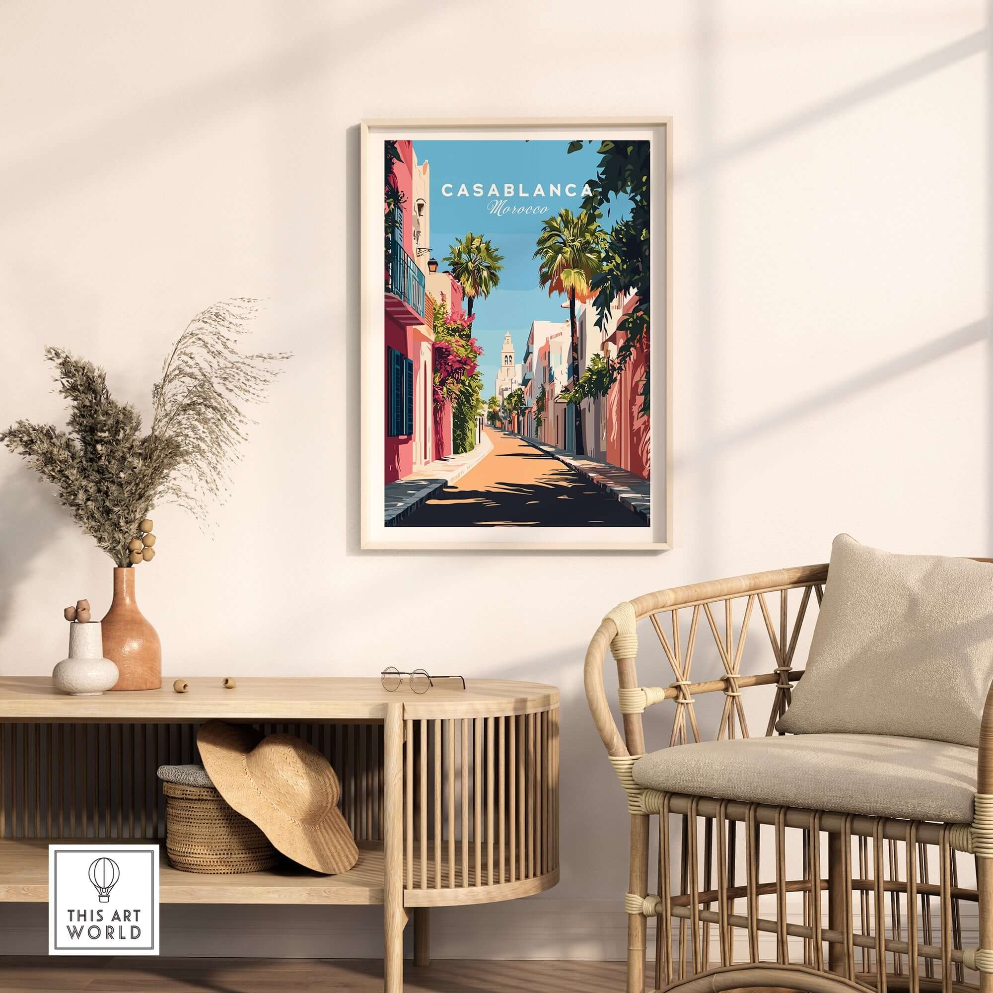 Casablanca Wall Art Print showcasing vibrant streets and exotic charm in a stylish interior setting.
