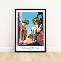 Casablanca Wall Art Print featuring a vibrant street scene with palms and colorful buildings in Morocco.