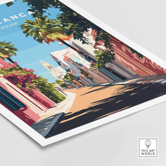 Casablanca Wall Art Print showcasing a vibrant street in Morocco with palm trees and colorful buildings.