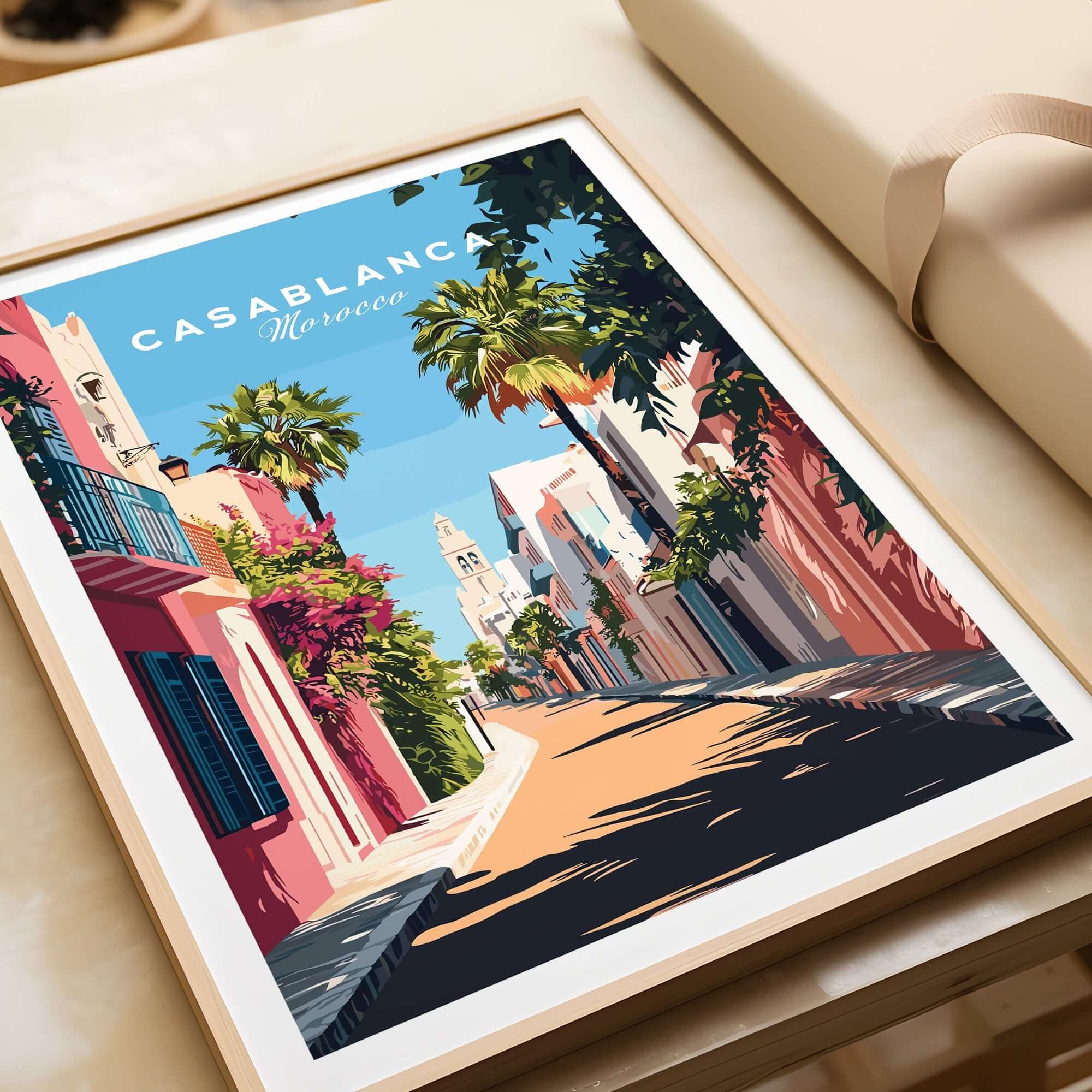 Casablanca Wall Art Print featuring vibrant streets of Morocco with palm trees and colorful buildings.