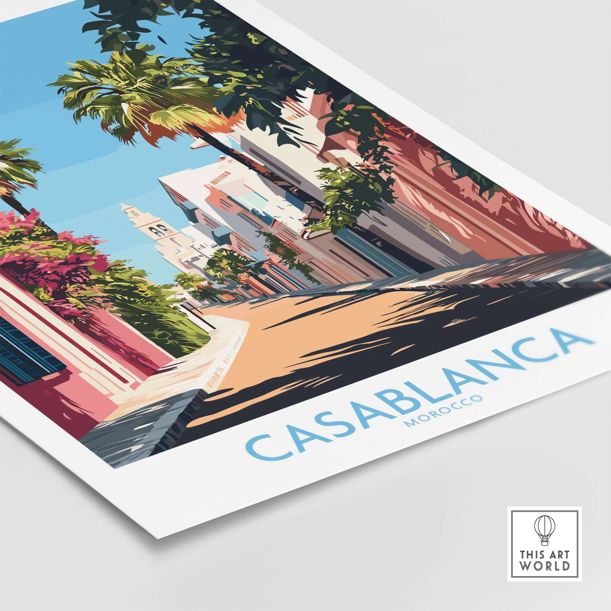 Casablanca Wall Art Print featuring vibrant street scene in Morocco with palm trees and colorful buildings.