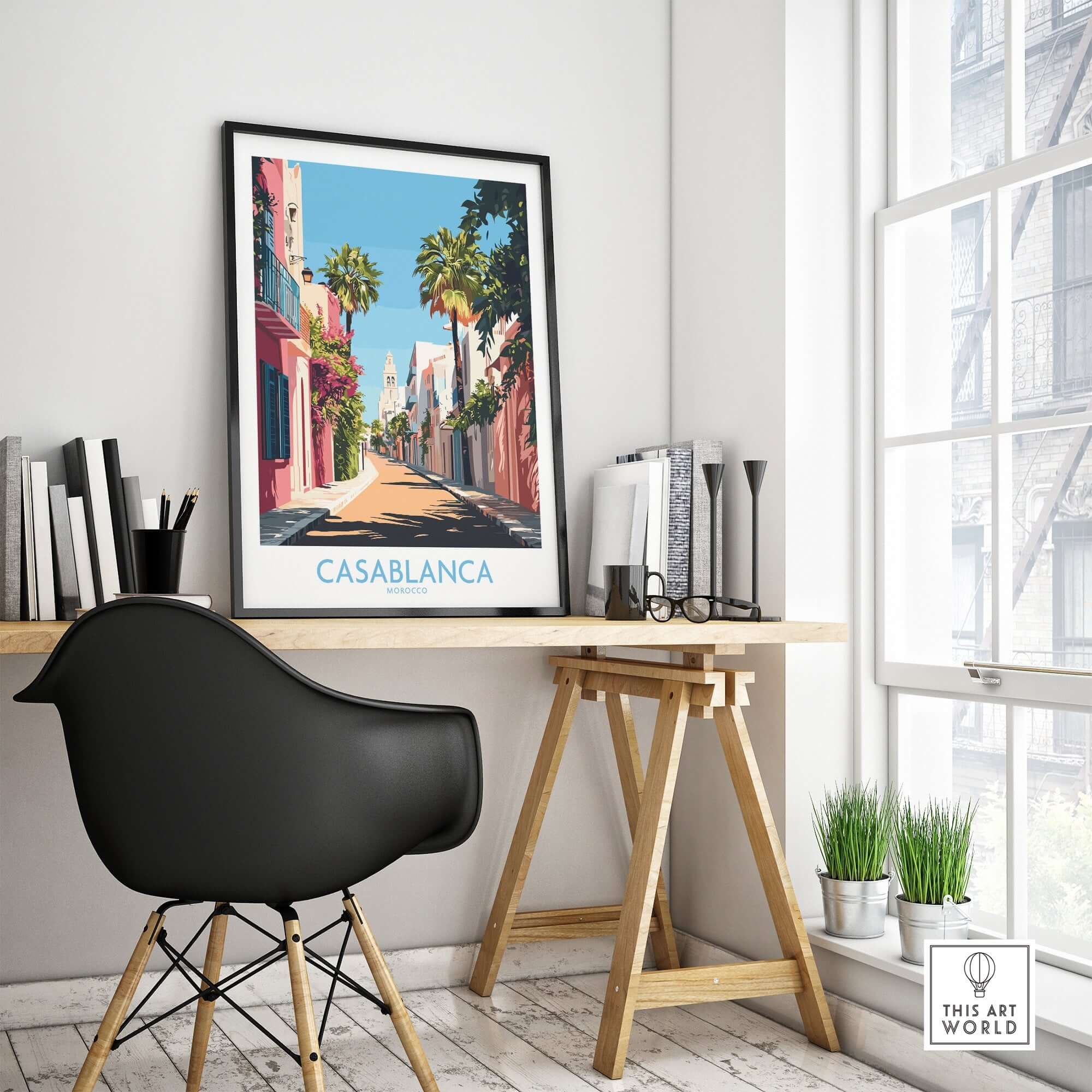 Casablanca Wall Art Print displayed in a modern workspace, capturing the essence of the beautiful city.