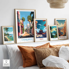 Casablanca Wall Art Print displayed alongside other travel-themed prints on a stylish wall.