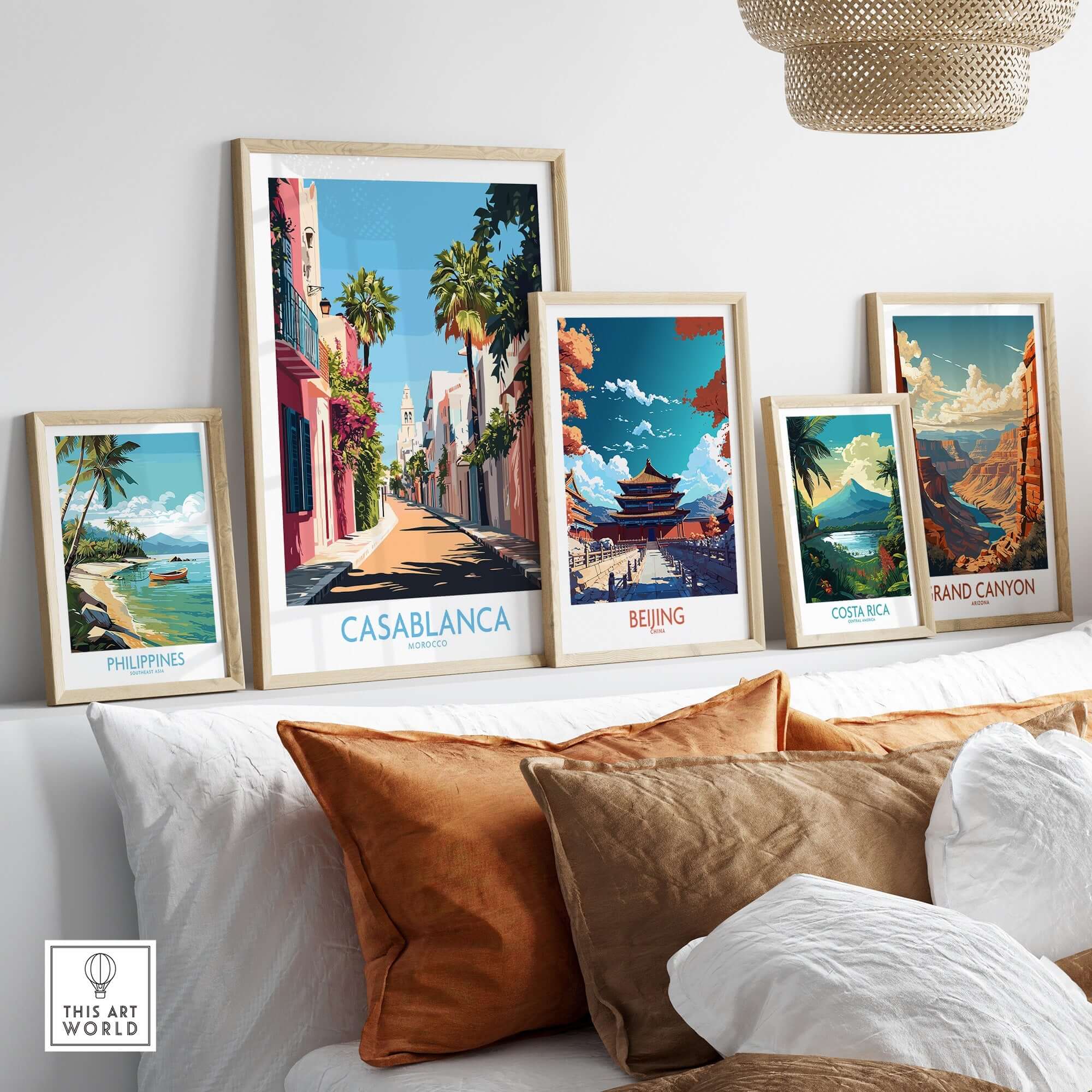 Casablanca Wall Art Print displayed alongside other travel-themed prints on a stylish wall.