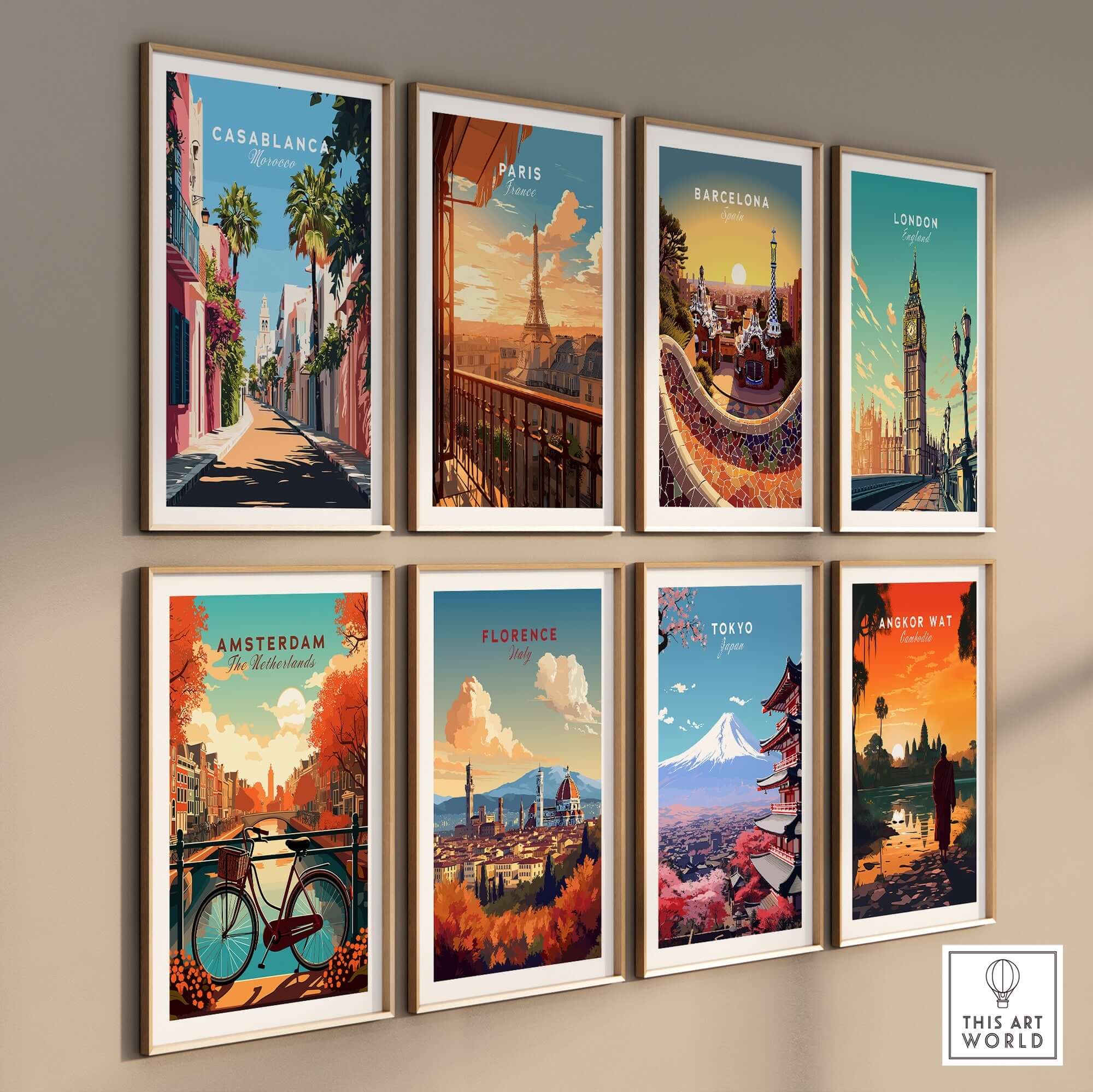Wall art prints featuring cities including Casablanca, Paris, Barcelona, London, Amsterdam, Florence, Tokyo, and Angkor Wat.