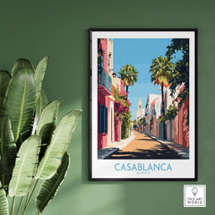 Casablanca Wall Art Print featuring vibrant street scene with palm trees and traditional architecture in Morocco.