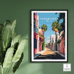 Casablanca Wall Art Print showcasing vibrant Moroccan street with palm trees and colorful architecture.