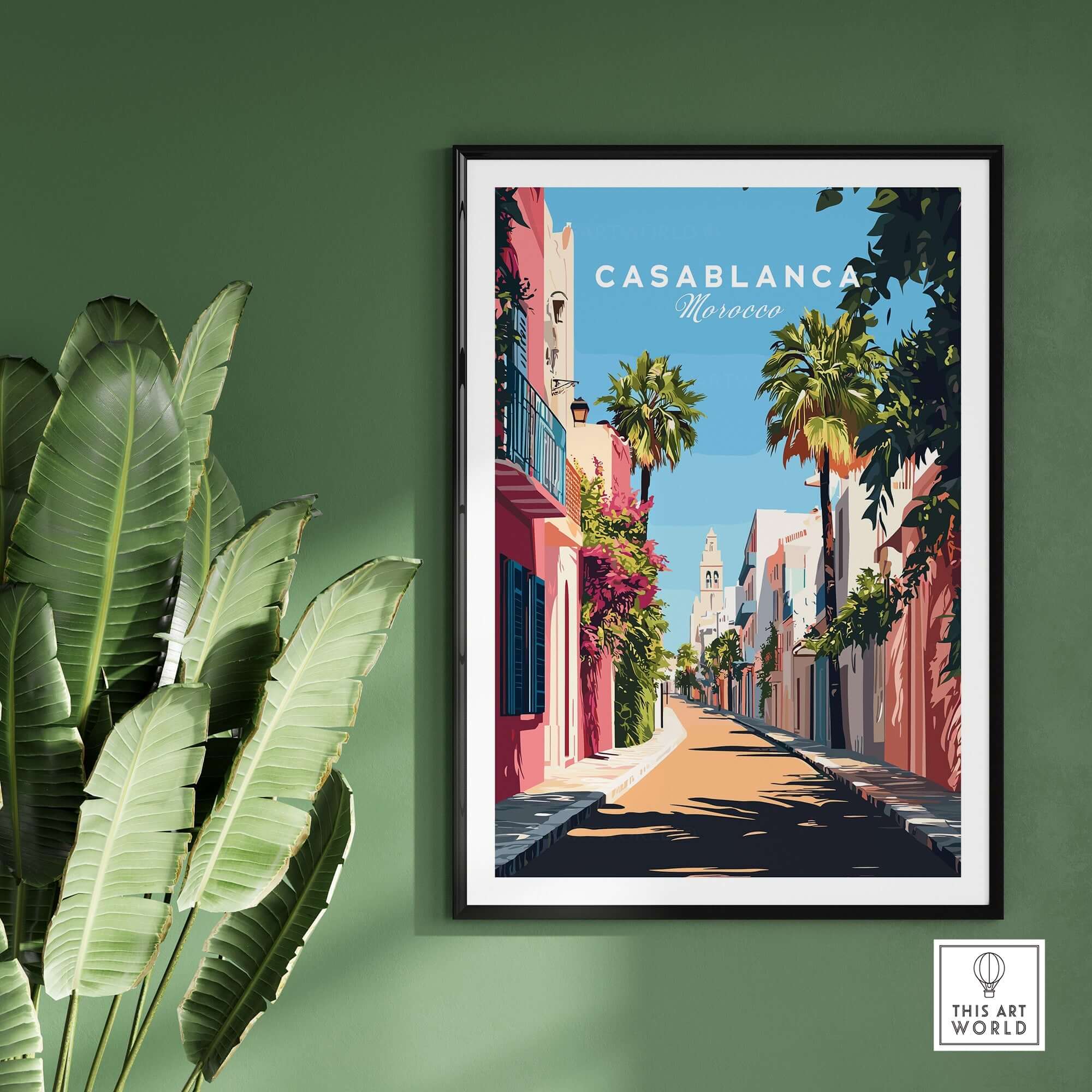 Casablanca Wall Art Print showcasing vibrant Moroccan street with palm trees and colorful architecture.