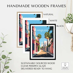 Casablanca Wall Art Print in handmade wooden frames: natural, white, and black finishes, sustainably sourced wood.