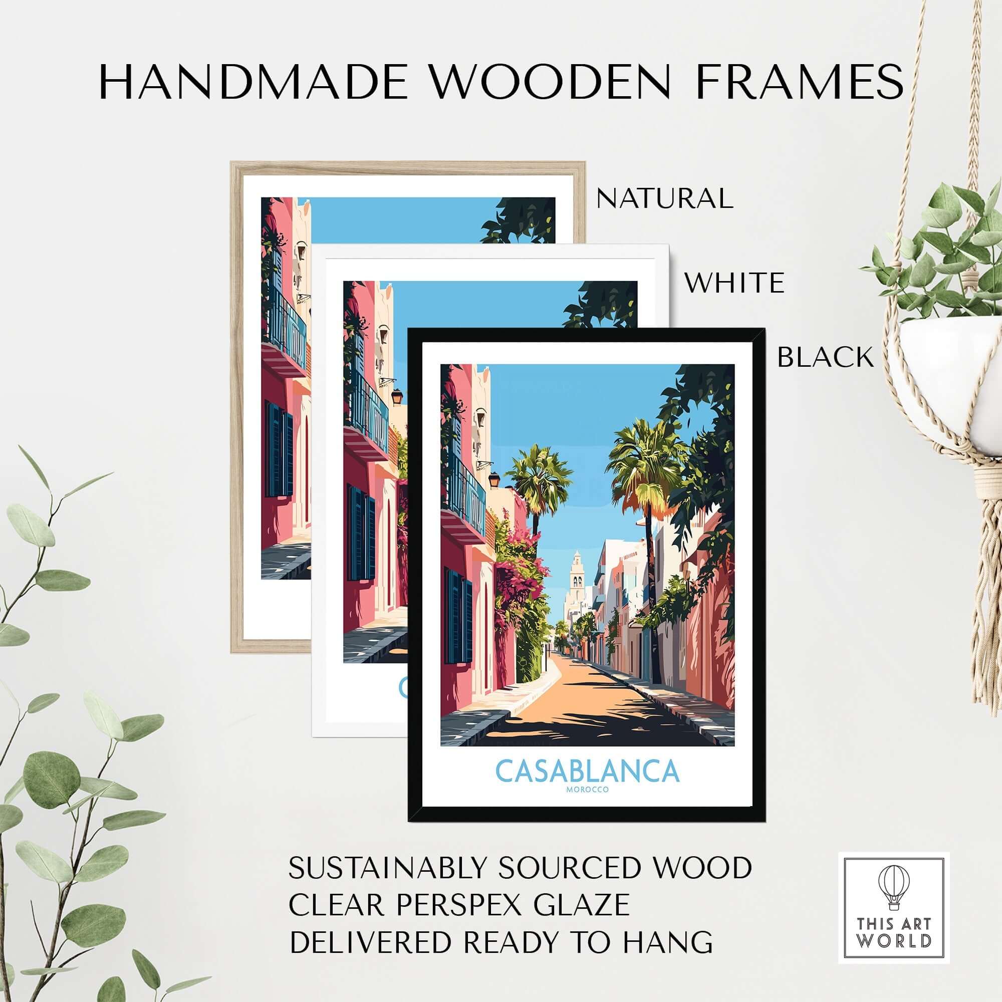 Handmade wooden frames for Casablanca Wall Art Print in natural, white, and black finishes, sustainably sourced and ready to hang.