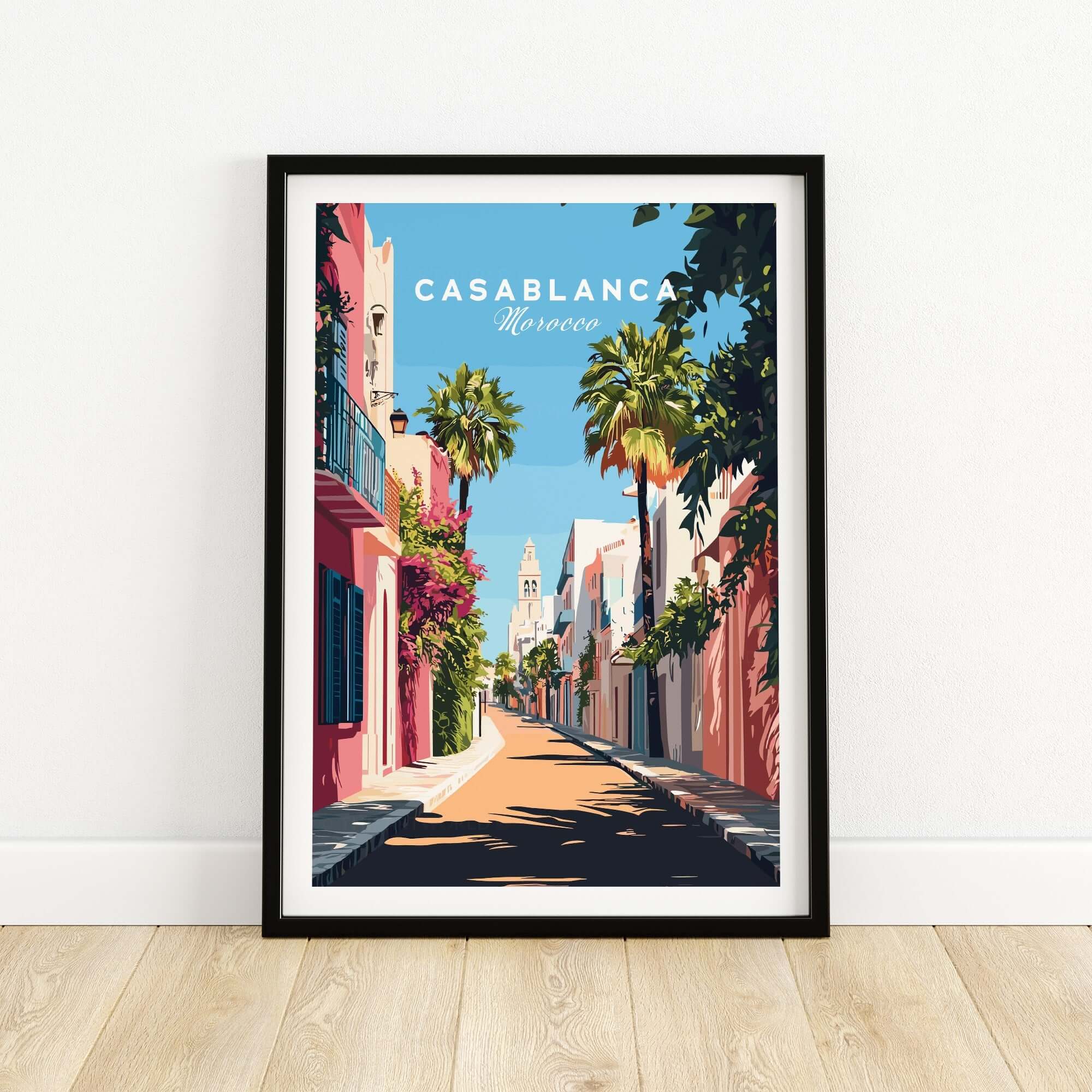 Casablanca Wall Art Print featuring a colorful street scene in Morocco with palm trees and vibrant buildings.