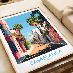 Casablanca Wall Art Print featuring a vibrant street scene in Morocco with palm trees and colorful buildings.