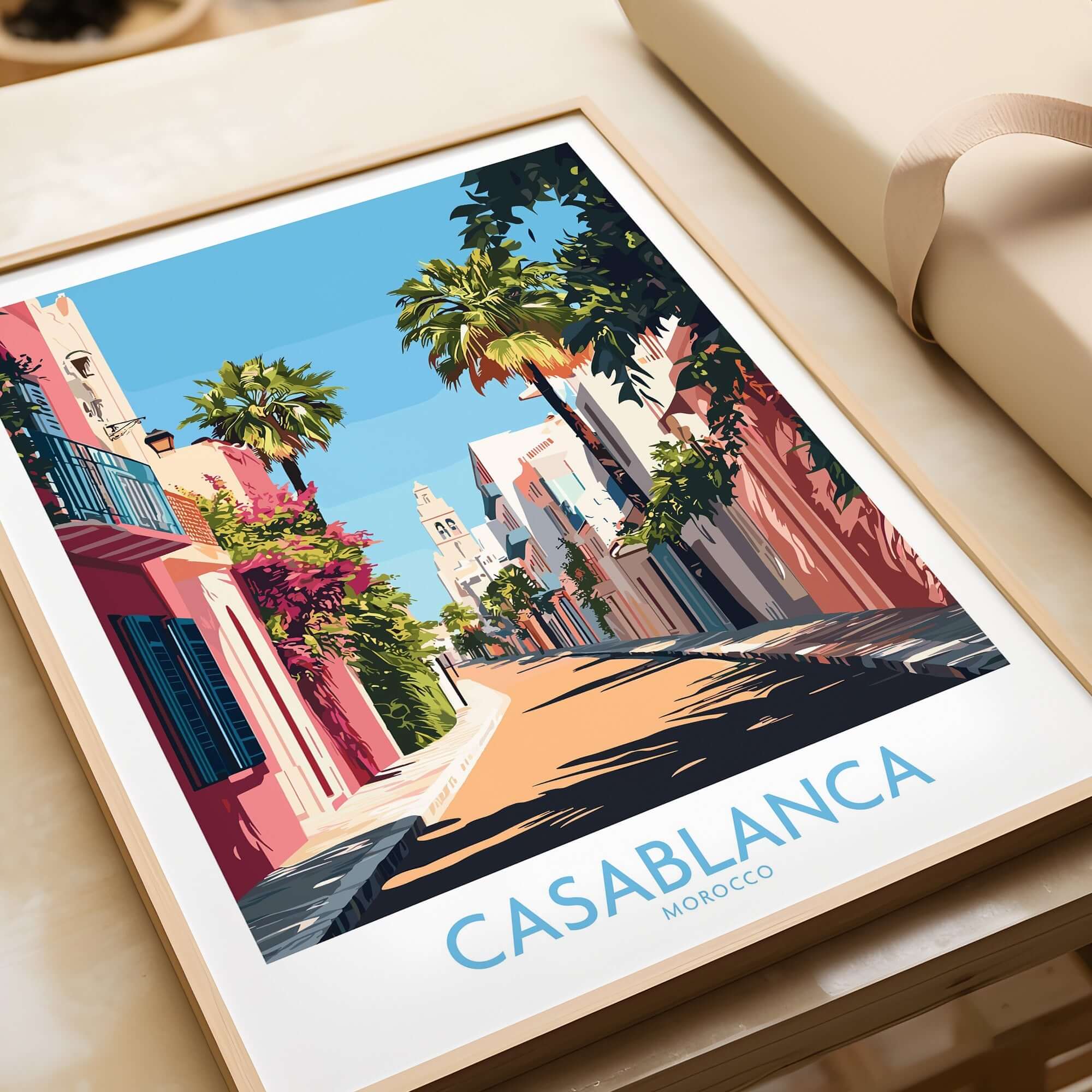 Casablanca Wall Art Print featuring a vibrant street scene in Morocco with palm trees and colorful buildings.